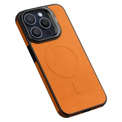 For iPhone 15 Pro Max Magnetic Case with Lens Kickstand Leather Phone Back Cover - Orange For iPhone 15 Pro Max Magnetic Case with Lens Kickstand Leather Phone Back Cover - Orange