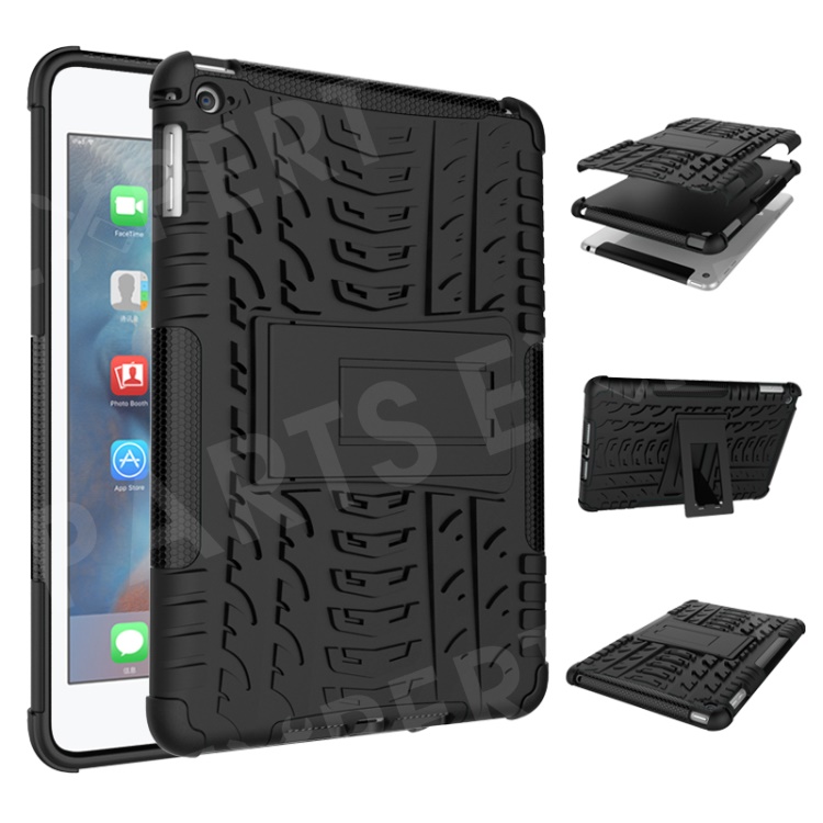 For iPad mini (2019) / mini 4 Anti-slip Tyre Tread Kickstand Plastic + TPU Hybrid Case - Black, iPad mini (2019) 7.9 inch 
For iPad mini (2019) / mini 4 Anti-slip Tyre Tread Kickstand Plastic + TPU Hybrid Case - Black, iPad mini (2019) 7.9 inch