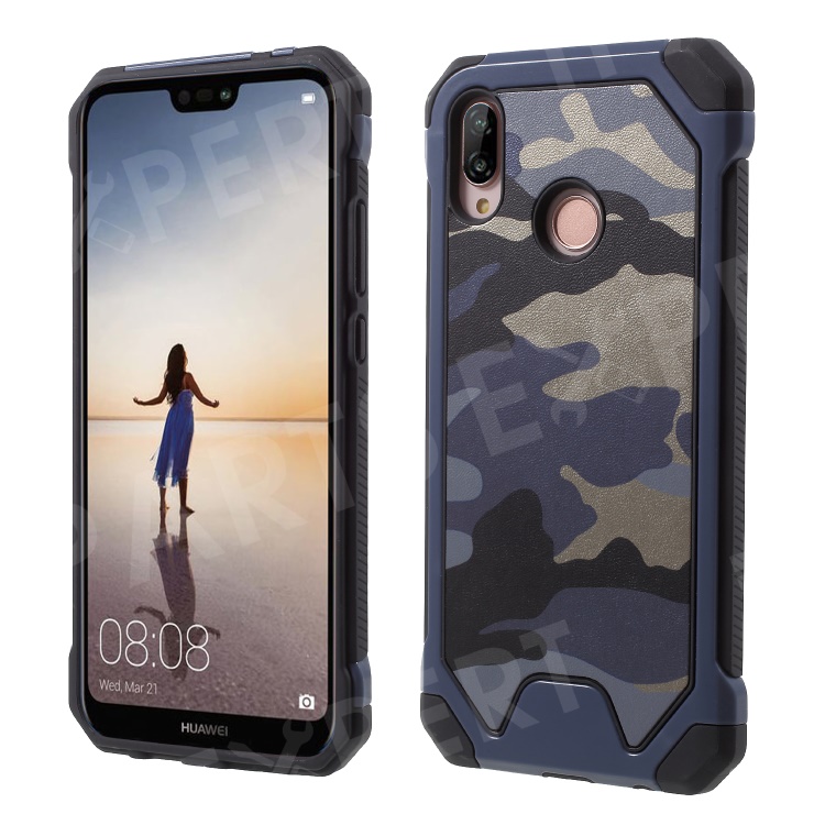 Camouflage Pattern Leather Coated PC TPU Hybrid Shell for Huawei P20 Lite / Nova 3e - Blue, Huawei P20 Lite (2018)