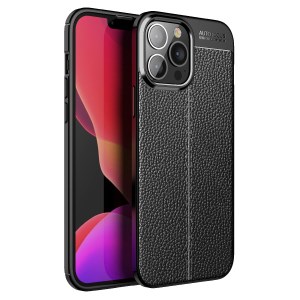 Soft TPU Litchi Texture Phone Back Case for iPhone 13 Pro Max - Black