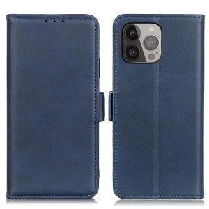 Magnetic Double Clasp Leather Wallet Protective Stand Case for iPhone 13 Pro Max 6.7 inch - Blue