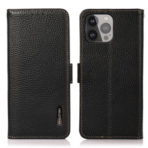 KHAZNEH Litchi Texture Anti-theft Swiping Design Genuine Leather Wallet Phone Case Shell for iPhone 13 Pro Max 6.7 inch - Black