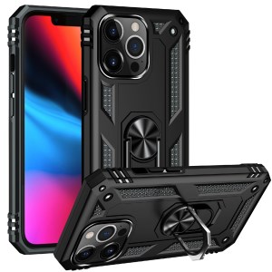 Military Grade PC TPU Shockproof Protection Case for iPhone 13 Pro Max 6.7 inch with Car Mount Rotary Ring Kickstand - Black