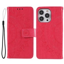 Anti-Scratch Imprinted Mandala Totem Pattern Leather Wallet Flip Protective Case Cover with Strap for iPhone 13 Pro Max 6.7 inch - Red