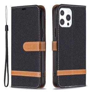 For iPhone 13 Pro Max 6.7 inch Wallet Design Drop-Proof Jeans Cloth Splicing Leather Stand Phone Cover - Black