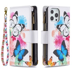 BF03 Stylish Pattern Printing 360° Protection Leather Stand Phone Cover with Wrist Strap and Zippered Wallet for iPhone 13 Pro Max 6.7 inch - Two Butterflies
