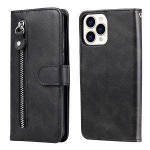 Anti-fall Zipper Pocket Leather Wallet Phone Case Shell for iPhone 13 Pro Max 6.7 inch - Black
