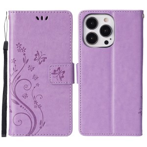 Butterflies Pattern Imprinting Leather Case Wallet Stand Cover with Wrist Strap for iPhone 13 Pro Max 6.7 inch - Light Purple