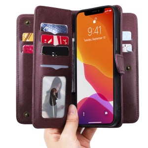 For iPhone 13 Pro Max Leather Case with 10 Card Holder Phone Cover Stand - Wine Red