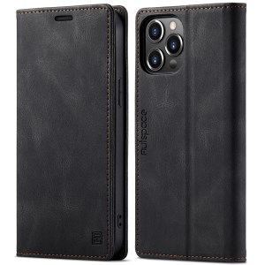 AUTSPACE A01 Series Retro Matte Leather Wallet Case with RFID Blocking Stand Flip Magnetic Cover for iPhone 13 Pro Max 6.7 inch - Black
