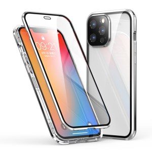 LUPHIE Electroplating Metal Frame Clear Double-Sided Tempered Glass Magnetic Case with Built-in Screen Protector for iPhone 13 Pro Max 6.7 inch - Silver