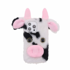 Cute 3D Funny Cartoon Milk Cow Handmade Fluffy Furry Plush Soft Flexible TPU Case for iPhone 13 Pro Max 6.7 inch - Black