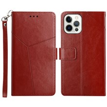 Y-shaped Line Imprinted Full Protection Leather Phone Case Stand Wallet Cover with Strap for iPhone 13 Pro Max 6.7 inch - Wine Red