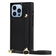 Anti-fingerprint Quality PU Leather and TPU Cover Practical Kickstand Card Slot Design Phone Case with Strap for iPhone 13 Pro Max 6.7 inch - Black