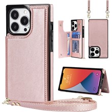 Shoulders Phone Pouch Kickstand RFID Blocking Anti-theft Swiping Protective Cover for iPhone 13 Pro Max - Rose Gold