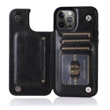 Double Magnetic Buttons PU Leather Coated TPU Phone Case Crazy Horse Texture Kickstand Card Holder Scratch-resistant Phone Cover for iPhone 13 Pro Max 6.7 inch - Black
