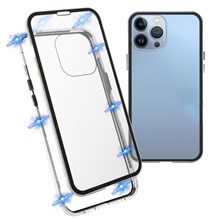 For iPhone 13 Pro Max 6.7 inch Anti-peep Phone Case Metal Frame + Double-sided Tempered Glass Hybrid Cover with Magnetic Closure - Silver
