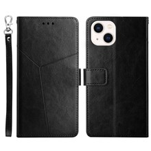 For iPhone 14 6.1 inch Full Coverage Cell Phone Cover PU Leather Y-Shaped Lines Imprinting Wallet Stand Phone Case - Black
