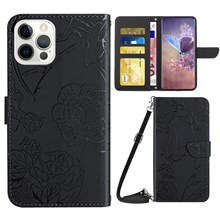 For iPhone 14 Pro Max 6.7 inch Imprinting Butterfly Flowers PU Leather Wallet Stand Phone Case Magnetic Closure Cover with Shoulder Strap - Black