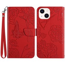 Imprinting Butterfly Flowers Phone Cover for iPhone 14 Plus 6.7 inch, PU Leather Stand Wallet Protective Case with Handy Strap - Red