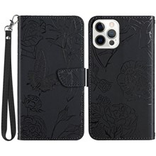 For iPhone 14 Pro 6.1 inch Butterfly Flowers Imprinted Stand Leather Case Wallet Phone Cover with Handy Strap - Black