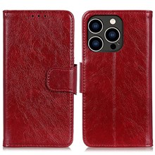 For iPhone 14 Pro 6.1 inch Split Leather Nappa Texture Phone Case with Magnetic Closure Stand Wallet Shockproof Phone Cover - Red