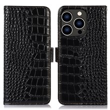 Crocodile Texture Phone Case for iPhone 14 Pro 6.1 inch, Genuine Cowhide Leather Magnetic Clasp RFID Blocking Shell with Stand Wallet - Black