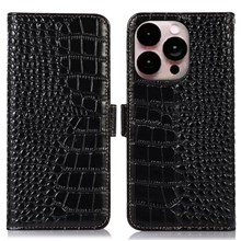 For iPhone 14 Pro Max 6.7 inch RFID Blocking Genuine Cowhide Leather Phone Case Crocodile Texture Stand Wallet Protective Cover - Black