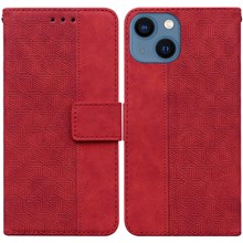 For iPhone 14 6.1 inch Geometry Pattern Imprinted Full Body Protection Case Stand Wallet Wear-resistant PU Leather Phone Shell with Handy Strap - Red