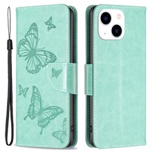 For iPhone 14 Wallet Case Imprinted Butterflies Leather Phone Cover with Strap - Green