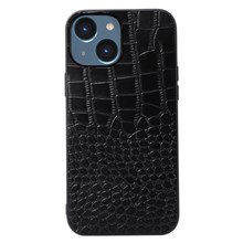 For iPhone 14 6.1 inch Anti-drop Crocodile Texture Phone Case Scratch Resistant Phone Cover Genuine Cowhide Leather Coated PC+TPU Shell - Black
