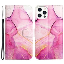 YB Pattern Printing Leather Series-5 for iPhone 14 Pro 6.1 inch Marble Pattern Stand Phone Case PU Leather Wallet Cover with Strap - Pink/Purple/Gold 001