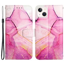 YB Pattern Printing Leather Series-5 for iPhone 14 6.1 inch PU Leather Flip Wallet Case Marble Pattern Magnetic Closure Stand Protective Phone Holster with Strap - Pink/Purple/Gold 001
