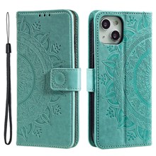 For iPhone 14 6.1 inch Imprinted Mandala Flower Pattern Folding Stand PU Leather Case Magnetic Clasp Wallet Flip Cover with Strap - Green