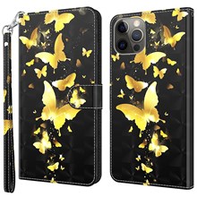 For iPhone 14 Plus 6.7 inch Anti-fall PU Leather Phone Case Stand 3D Pattern Printed Magnet Closure Wallet Shockproof Phone Cover with Strap - Golden Butterflies
