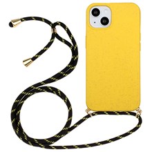 Phone Case for iPhone 14 Plus 6.7 inch, Wheat Straw + TPU Protective Smartphone Cover with Adjustable Lanyard - Yellow