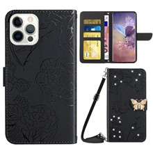 For iPhone 14 Pro Max 6.7 inch Butterfly Flowers Imprinted Rhinestone Decor Phone Cover Wallet Hands-free Stand Leather Case with Shoulder Strap - Black