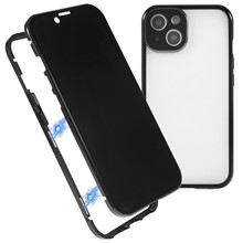 For iPhone 13 6.1 inch Straight Edge Anti-peep Magnetic Case Double-Sided Tempered Glass Back Frosted Magnetic Adsorption Metal Frame Phone Cover with Safety Lock - Black