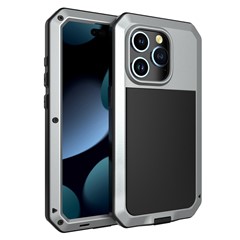 For iPhone 15 Pro Max Anti-drop Phone Case Silicone+PC+Metal Cover with Tempered Glass Film - Silver