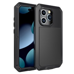 For iPhone 15 Pro Silicone+PC+Metal Phone Case Full Protection Cover with Tempered Glass Film - Black