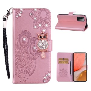 Owl Imprint Rhinestone Decor Leather Phone Case for Samsung Galaxy A72 5G / A72 4G - Rose Gold