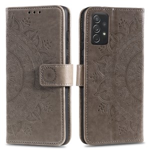 Imprinted Mandala Flower Wallet Leather Case with Strap for Samsung Galaxy A52 4G/5G / A52s 5G - Grey