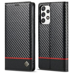 LC.IMEEKE Well-Protected Leather Case Carbon Fiber Pattern Phone Cover with Wallet for Samsung Galaxy A52 4G/5G / A52s 5G - Style 1