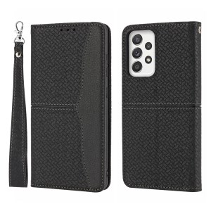Woven Texture Splicing Auto-Absorbed Stylish Wallet Stand Leather Case with Wrist Strap for Samsung Galaxy A52 5G/4G/A52s 5G - Black