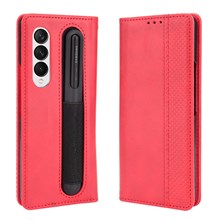 For Samsung Galaxy Z Fold3 5G Retro Textured Surface Pen Slot Shockproof Leather Phone Cover - Red