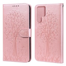 Stand Function Deer and Tree Imprinted PU Leather Wallet Magnetic Shockproof Case for Samsung Galaxy S22 Ultra 5G - Pink