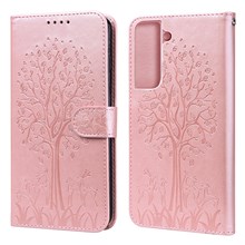 Deer and Tree Imprinting Stand Feature PU Leather Wallet Shockproof Flip Magnetic Case for Samsung Galaxy S22 5G - Pink