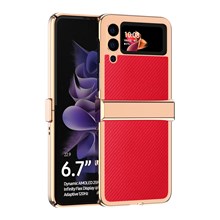 3Pcs/Set Separate Design Carbon Fiber Texture Vacuum Electroplating Frame PU Leather Coated PC Phone Cover Case for Samsung Galaxy Z Flip3 5G - Red