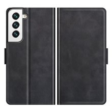 Full Coverage PU Leather Wallet Stand Flip Phone Case with Double Magnetic Clasps for Samsung Galaxy S22+ 5G - Black