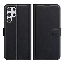 Non-slip Grip Litchi Texture Magnetic Closure PU Leather Stand Case Wallet Phone Cover for Samsung Galaxy S22 Ultra 5G - Black